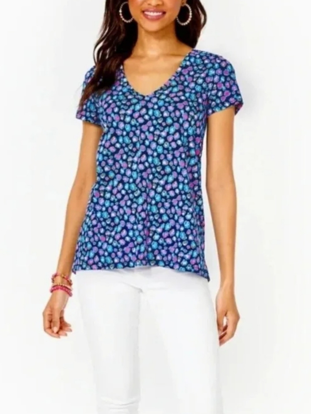 Lilly Pulitzer Etta V-Neck Seabreeze Blue Low Tide Navy Spotted Top Size XXS